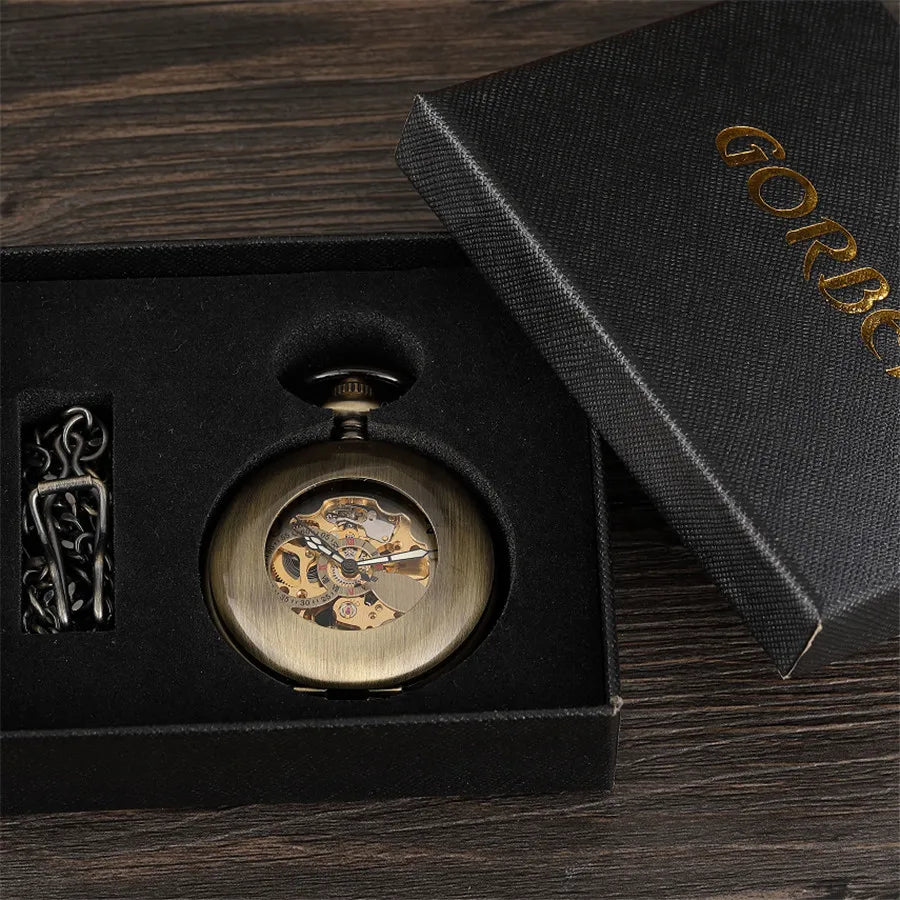 Antique Smooth Mechanical Pocket Watch Fob chain  Arabic Numerals Vintage Hand Wind Watch Skeleton Pendent Men Women Gift Clock