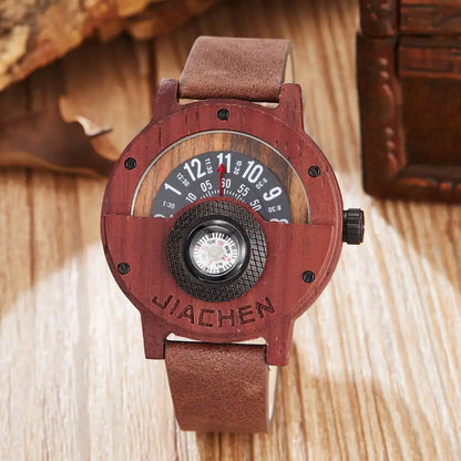 Compass Turntable Wooden Watch Men Cowhide Leather Strap Handmade Natural Wood Watches Quartz Sports Watch Gifts relogio