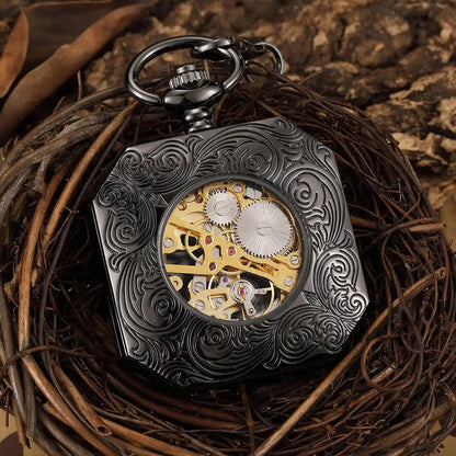 Square Mehanical Pocket Watch Chains Chinese Beast Kylin Hollow Skeleton Engraved Fob Watches Steampunk for Men Women Reloj