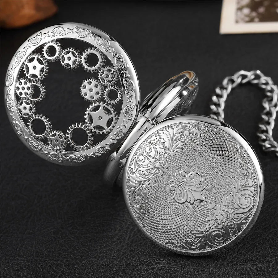 Mens Mechanical Pocket Watch Gearwheel Vintage Skeleton Hand Wind Watch Clock Steampunk Flip Case Necklace Women Mens Gift Box