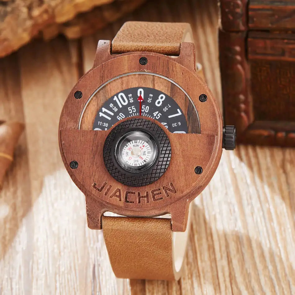 Compass Turntable Wooden Watch Men Cowhide Leather Strap Handmade Natural Wood Watches Quartz Sports Watch Gifts relogio