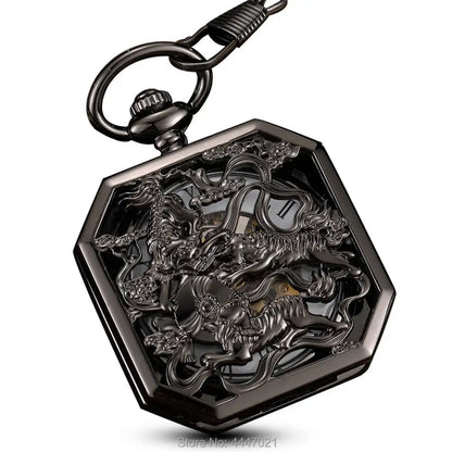 Square Mehanical Pocket Watch Chains Chinese Beast Kylin Hollow Skeleton Engraved Fob Watches Steampunk for Men Women Reloj