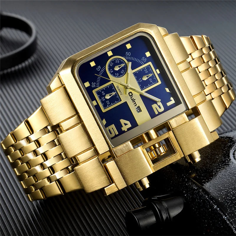 Oulm Stainless Steel Male Quartz Wristwatch Large Dial Watch Luxury Brand Auto Date Golden Clock Men's Military Watches