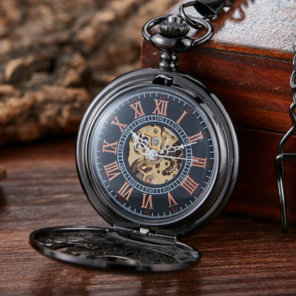 Golden Vintage Automatic Mechanical Carved Pocket Watch Steampunk Skeleton FOB Chain Hand Winding Hollow For Men Women