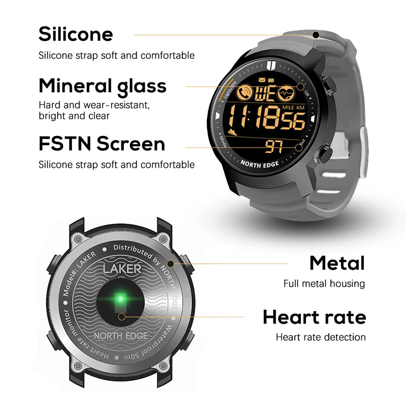 NORTH EDGE Mens Smart Watch Heart Rate Monitor Women Smartwatch Swmming Running Pedometer Alarm Clock Waterproof 50m Android IOS