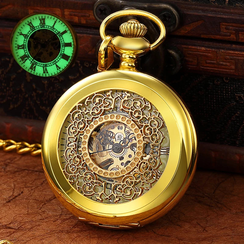 LED Light Night Luminous Hand Wind Mechanical Pocket Watch FOB Chain Locket Dial Hollow Steampunk Skeleton Men Women Clock