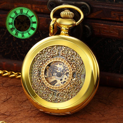 LED Light Night Luminous Hand Wind Mechanical Pocket Watch FOB Chain Locket Dial Hollow Steampunk Skeleton Men Women Clock