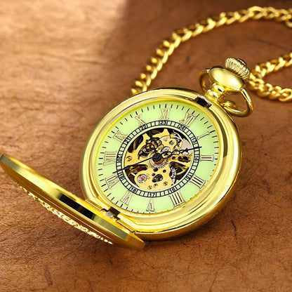 LED Light Night Luminous Hand Wind Mechanical Pocket Watch FOB Chain Locket Dial Hollow Steampunk Skeleton Men Women Clock