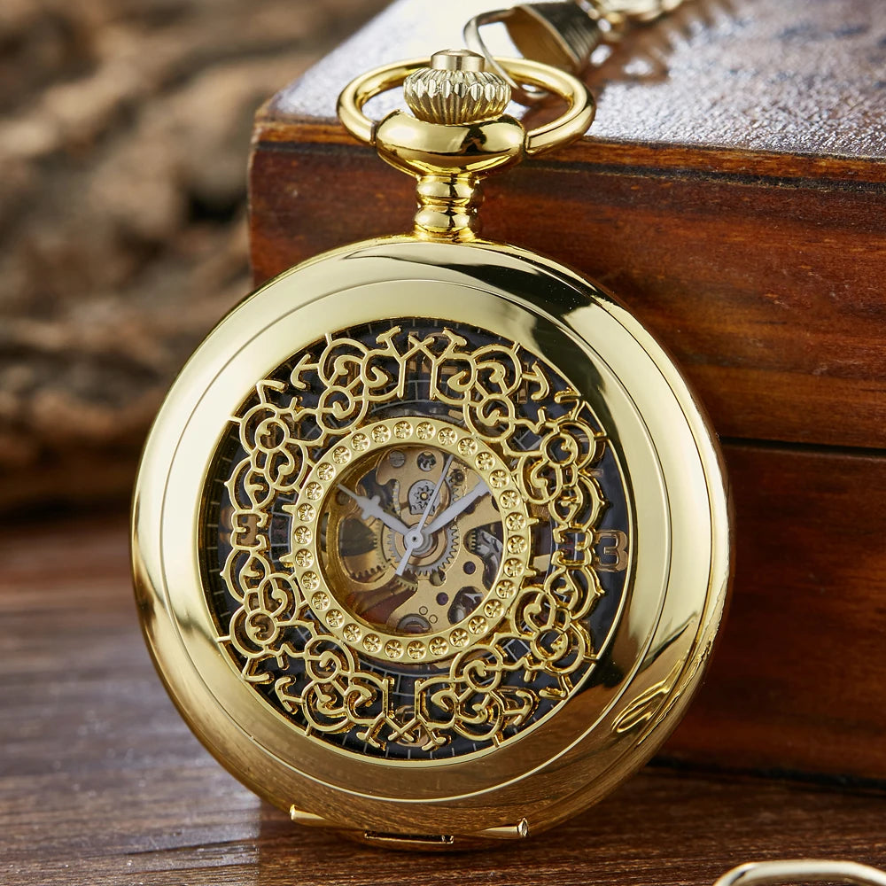 Golden Vintage Automatic Mechanical Carved Pocket Watch Steampunk Skeleton FOB Chain Hand Winding Hollow For Men Women