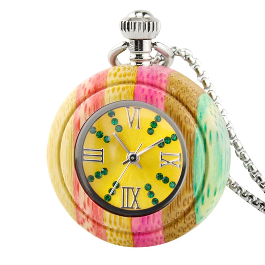 Novel Colorful Bamboo Wood Quartz Pocket Watch Arabic Numerals Round Dial Wooden Pendant Pocket Clock Men Women with Chain