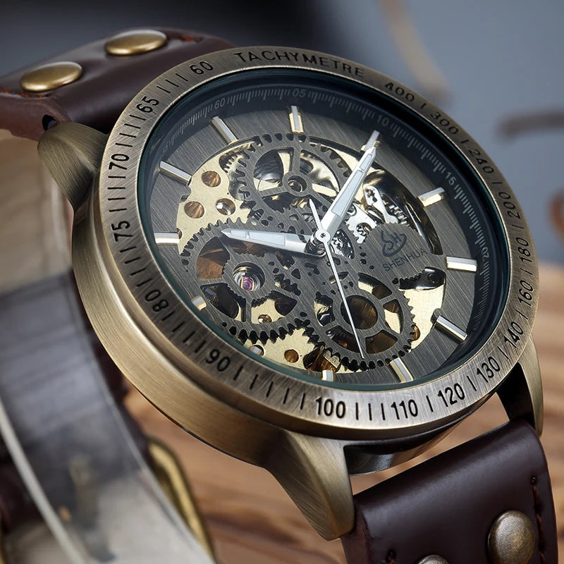 New Brown Strap Retro Steampunk Men's Mechanical Watch Locomotive Gear Literal Automatic Male Wristwatches Relogio Masculino