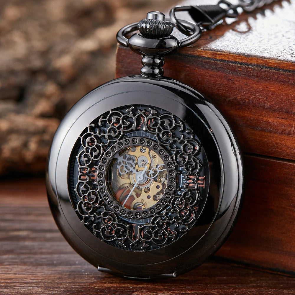 Golden Vintage Automatic Mechanical Carved Pocket Watch Steampunk Skeleton FOB Chain Hand Winding Hollow For Men Women