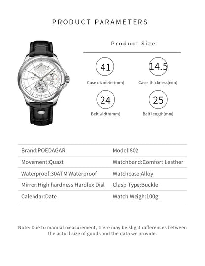 POEDAGAR Sports Men Watch 2022 New Fashion Big Dial Wristwatch Luxury Waterproof Calendar Quartz Leather Men's Watch