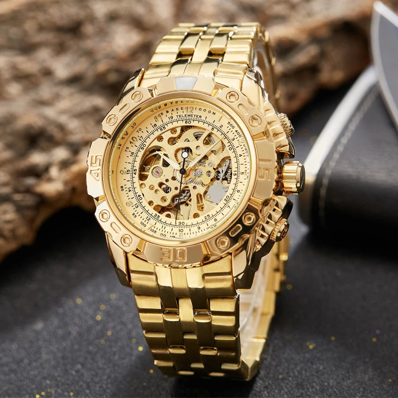 Luxury Silver Gold Automatic Mechanical Watch For Men Full Steel Skeleton Wristwatch Clock Over-sized Big Dial Relogio Masculino