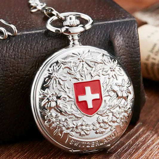 Retro Mechanical Pocket Watch Red Cross Hand-winding Silver Edelweiss Sculpture Hollow Vintage Skeleton Watches Men FOB Chain