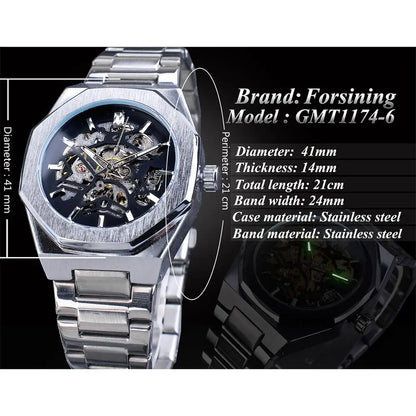 Forsining Fashion Steampunk Men's Automatic Mechanical Watch Hollow Skeleton Design Black Dial Waterproof Business Wristwatches