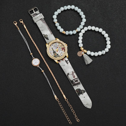 Lot de 5 montres à quartz pour femmes avec strass et imprimé floral, bracelet en cuir, ensemble de bracelets (sans boîte)