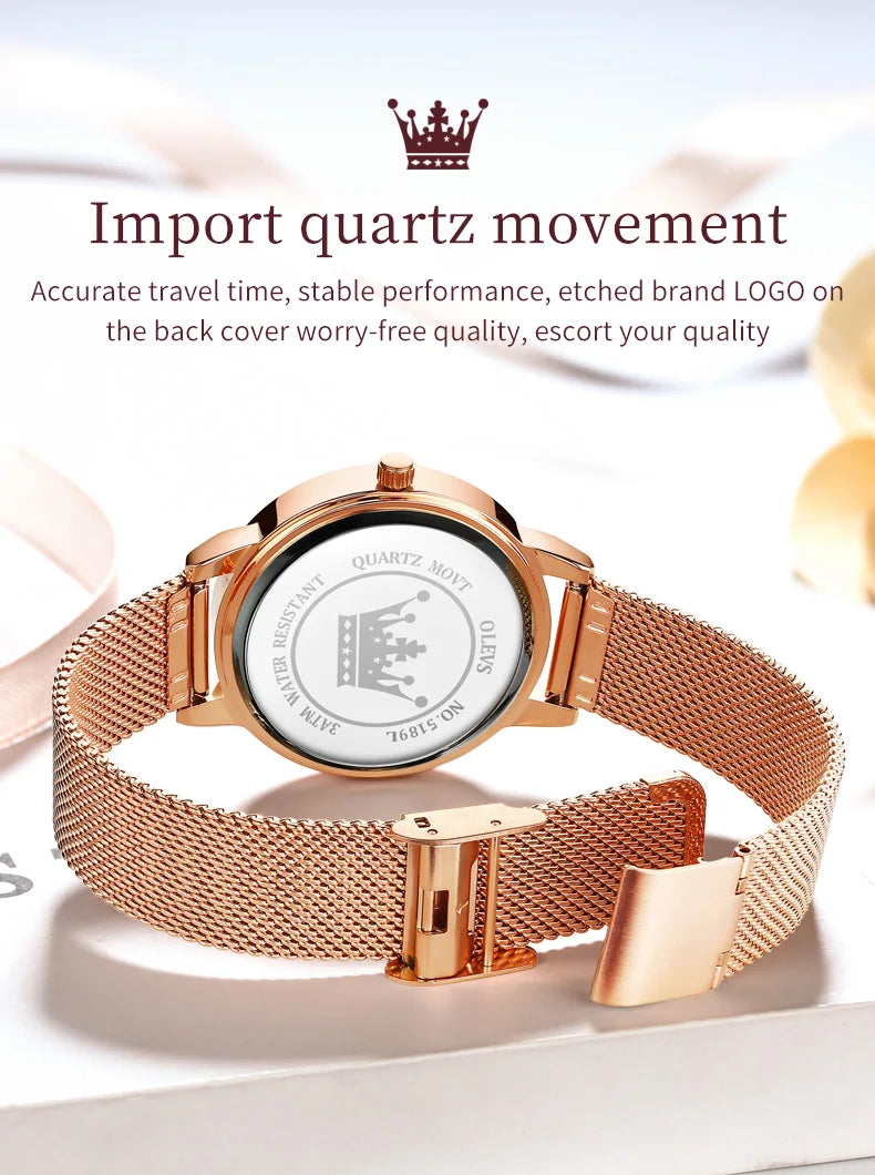 Montres pour femmes OLEVS Montre-bracelet à quartz japonaise étanche Bracelet en acier inoxydable Robe de mode Montre à cadran diamant lumineux pour femme