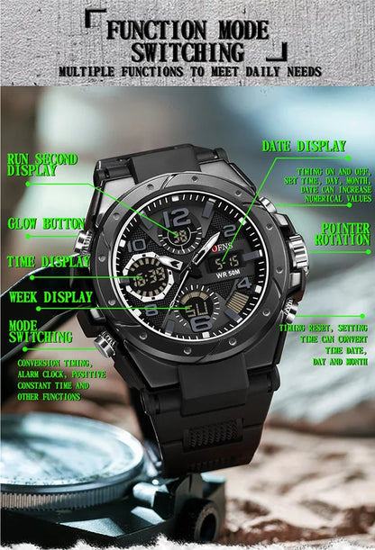 OFNS Top Brand 6008 Fashion Men's Sports Watch Dual Screen Analog Digital LED Electronic Quartz Watch Waterproof Men's Watch