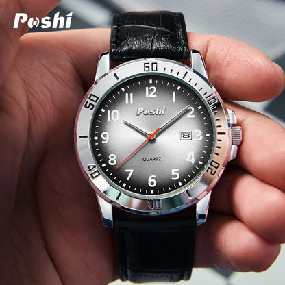 POSHI Simple Man Quartz Watch Luxury Leather Strap with Date Men's Watches Waterproof Original Clock Sport relogios masculino