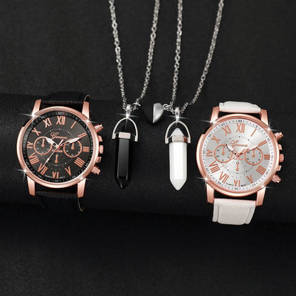 Ensemble de 4 montres à quartz pour couple avec bracelet en cuir décontracté et collier pour femme (sans boîte)