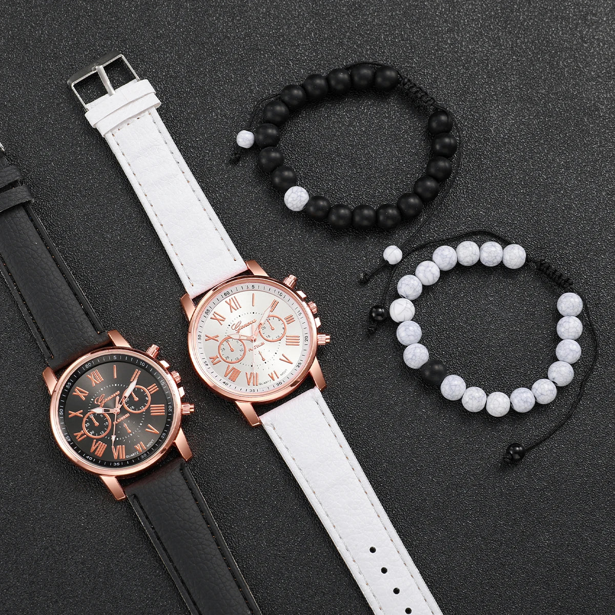 Lot de 4 montres à quartz pour couple avec bracelet en cuir et perles pour femme