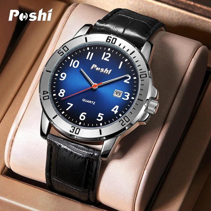 POSHI Simple Man Quartz Watch Luxury Leather Strap with Date Men's Watches Waterproof Original Clock Sport relogios masculino