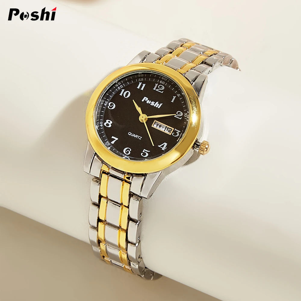 POSHI Quartz Watch for Women Fashion Ladies Bracelet Luxury Stainless Steel Strap Date Week Original Waterproof Women's Watches