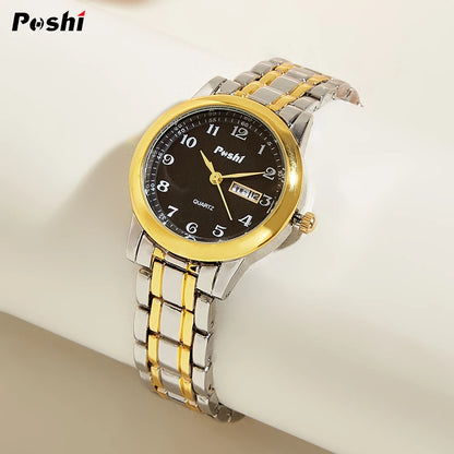 POSHI Quartz Watch for Women Fashion Ladies Bracelet Luxury Stainless Steel Strap Date Week Original Waterproof Women's Watches