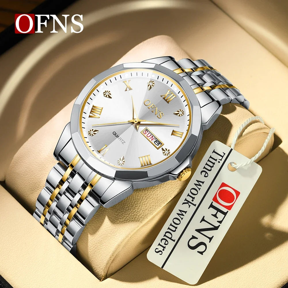 OFNS Top Brand 1502 New Double Calendar Couple Fluorescent Quartz Watch Fashion Waterproof Steel Band Men's and Women's Watch