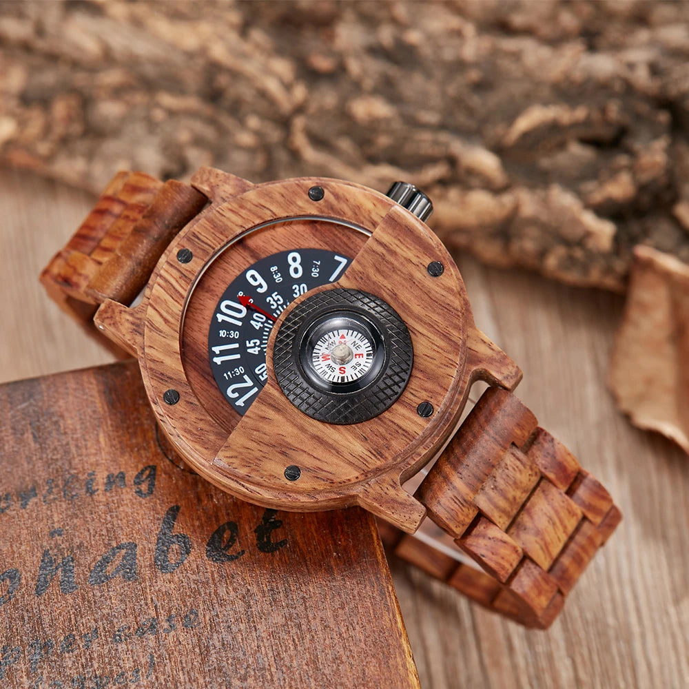 Wood Creative Watch for Men Turntable Compass reloj hombre Real Walnut Ebony Bamboo Wooden Watches Male Clock relógio masculino