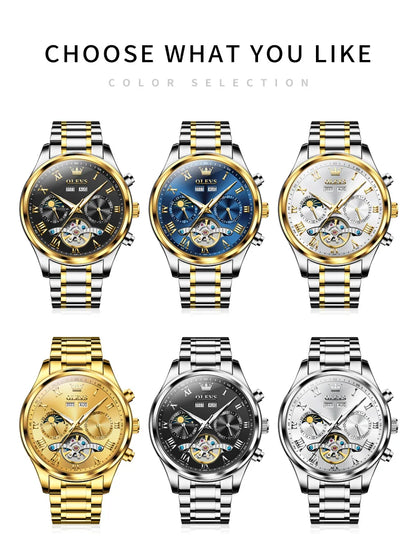 Montres pour hommes OLEVS Calendrier automatique Cadran de phase de lune Conception de tourbillon squelette Acier inoxydable Étanche Relogio Masculino