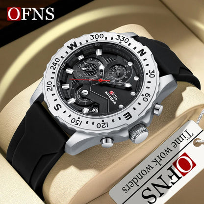 OFNS Brand 1302 Luxury Fashion Men's Quartz Watch Men's Watch Business Silicone Sports Waterproof Military Quartz Men's Watch