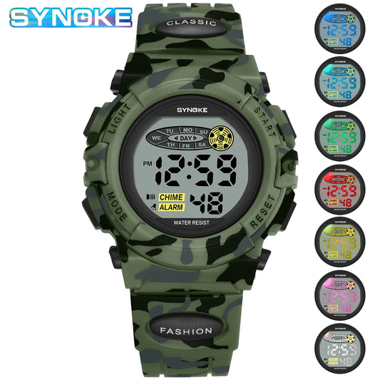 SYNOKE Montre de sport pour enfants Montres électroniques colorées Horloge étanche Montre numérique pour enfants pour garçons Camouflage