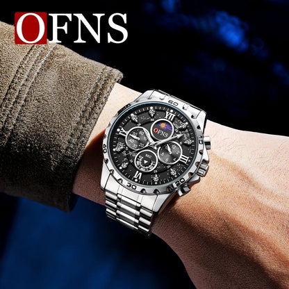 OFNS 1523 Men's Steel Band Six Needle Quartz Watch Fashionable and Trendy Simple Nightglow Waterproof Men's Watch