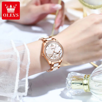 OLEVS Original Automatic Wrist Watch for Women Fashion Elegant Diamond  “Love” Dial Ceramics Strap Mechanical Wristwatch Set