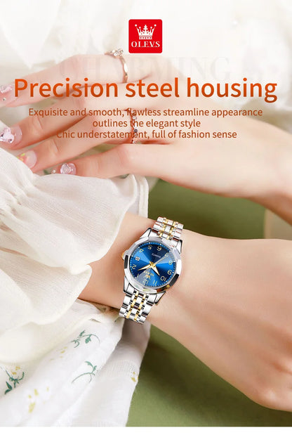 OLEVS Golden Watch for Women Luxury Elegant Rhombus Design Digital Dial Stainless Steel Strap Waterproof Calendar Clock Ladies