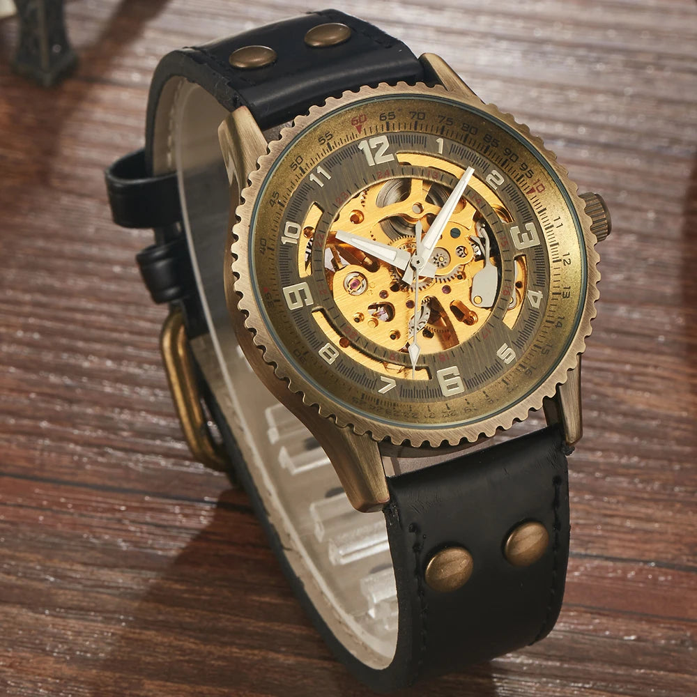 Mens Luxury Skeleton Automatic Mechanical Wrist Watches Leather Self-Wind Watch