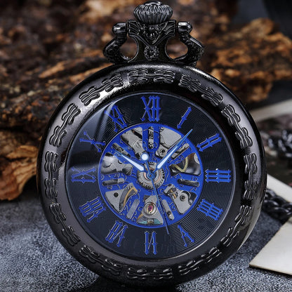 BLACK MENS POCKET WATCH WOMEN LADY PENDANT FOB MECANICAL POCKTE WATCHES FOR MAN SKELETON STEAMPUNK MALE CLOCK reloj hombre