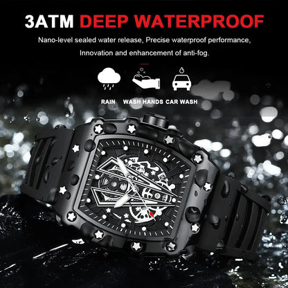 POEDAGAR Fashion Hollow Dial Watch Sport Top Brand Tonneau Waterproof Luminous Calendar Silicone Strap Men Watches Reloj Hombre