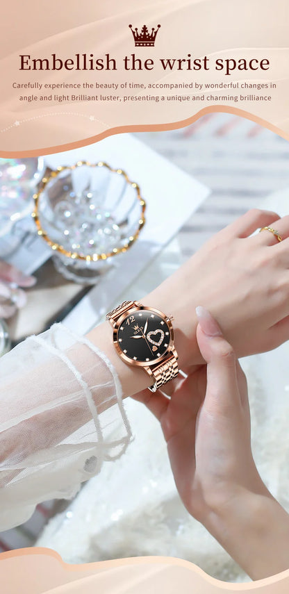 OLEVS Stainless Steel Strap Quartz Watch for Women Diamond Heart Design Waterproof Luminous Quartz Women's Watches Original