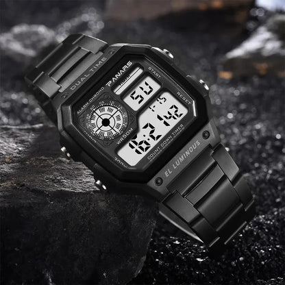 PANARS Top Luxury Stainless Steel Strap Sport Watches Mens Waterproof Back Light Digital Wristwatch Male Alarm