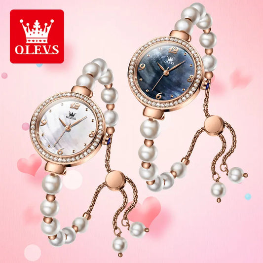 OLEVS Pearl Chain Watch for Women Luxury Diamond Dial Waterproof Original Top Brand Quartz Watches Gift Sets Relógio Feminino