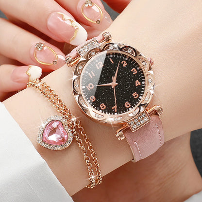 WOMEN'S STARRY SKY LEATHER BAND ANALOG QUARTZ WATCHES WITH DIAMOND HEART JEWELRY SET