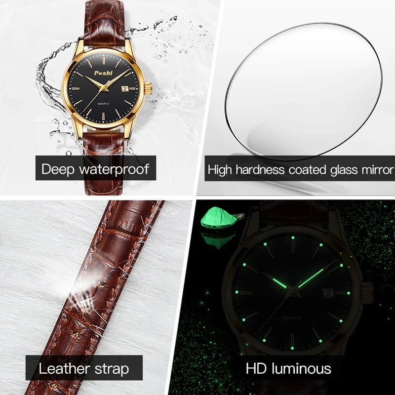 POSHI Fashion Watch for Women Luxury Leather Strap Simple Quartz Watches Original Design Waterproof Calendar Casual Laides Clock