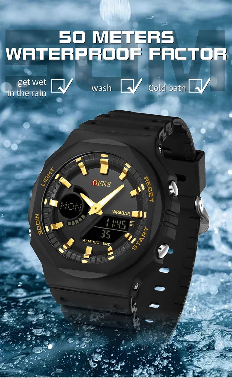 OFNS Top Luxury Men's Quartz Watches Waterproof Men Military Sport Watch Relogio Masculino Dual Display LED Digital Wristwatch