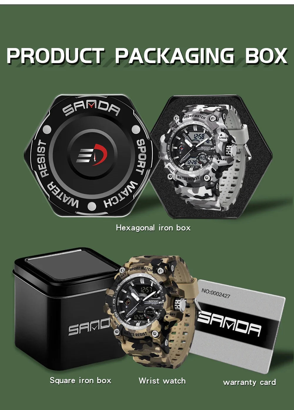 Sanda 3355 New Electronic Watch Military Style Camo Cool Multi functional Alarm Clock Waterproof Watch