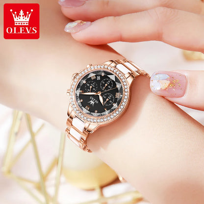 OLEVS 9999 Women Watch Multifunctional Calendar Diamond Luxury Elegant Quartz Watch for Women Bracelet Set Ladies Hands Watch