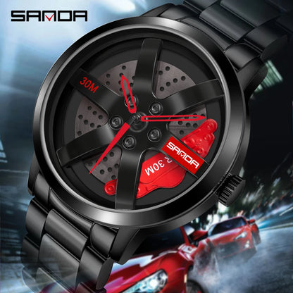 SANDA Men Rim Hub Watch Custom Design Sports Car Watch Stainless Mesh Racing Wheel Rim Hub Quartz Watch Man WaterproofRelogio