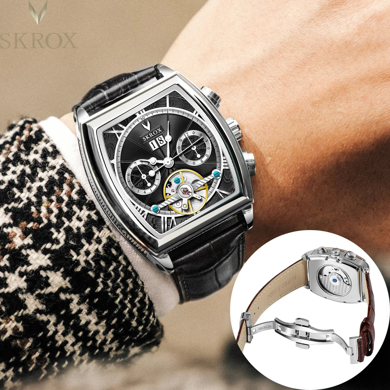 SKROX Original Tourbillon Multifunctional Date Automatic Movement Elegant Men Watch Mechanical Male Wrist Watches Luxury Clock